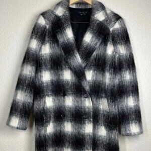Theory Shaggy Pea Coat Cafe Lithe Wool Blend Black/White Check